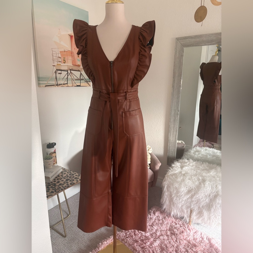 Anthropologie Brown Faux Leather Ruffle-Sleeve Jumpsuit